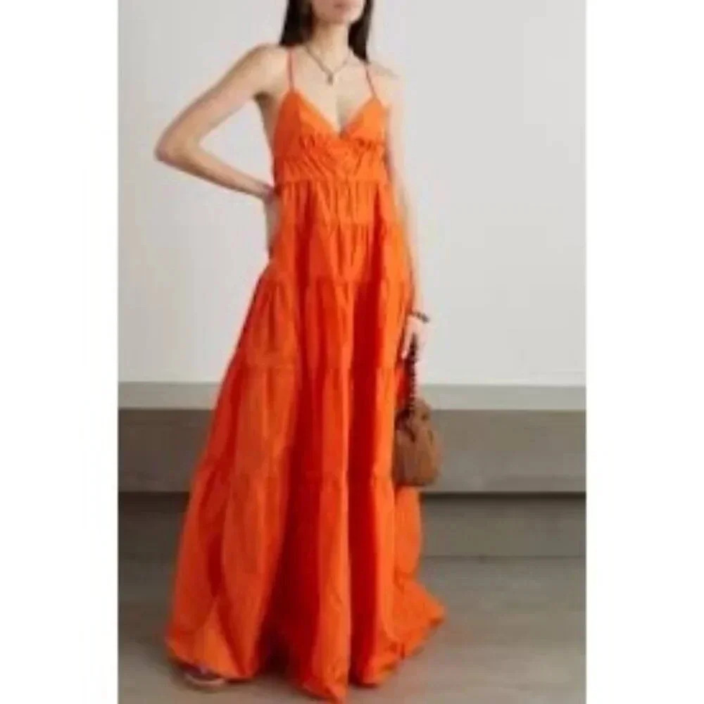 New STAUD Ripley Tiered Taffeta Maxi Tangerine Sz S